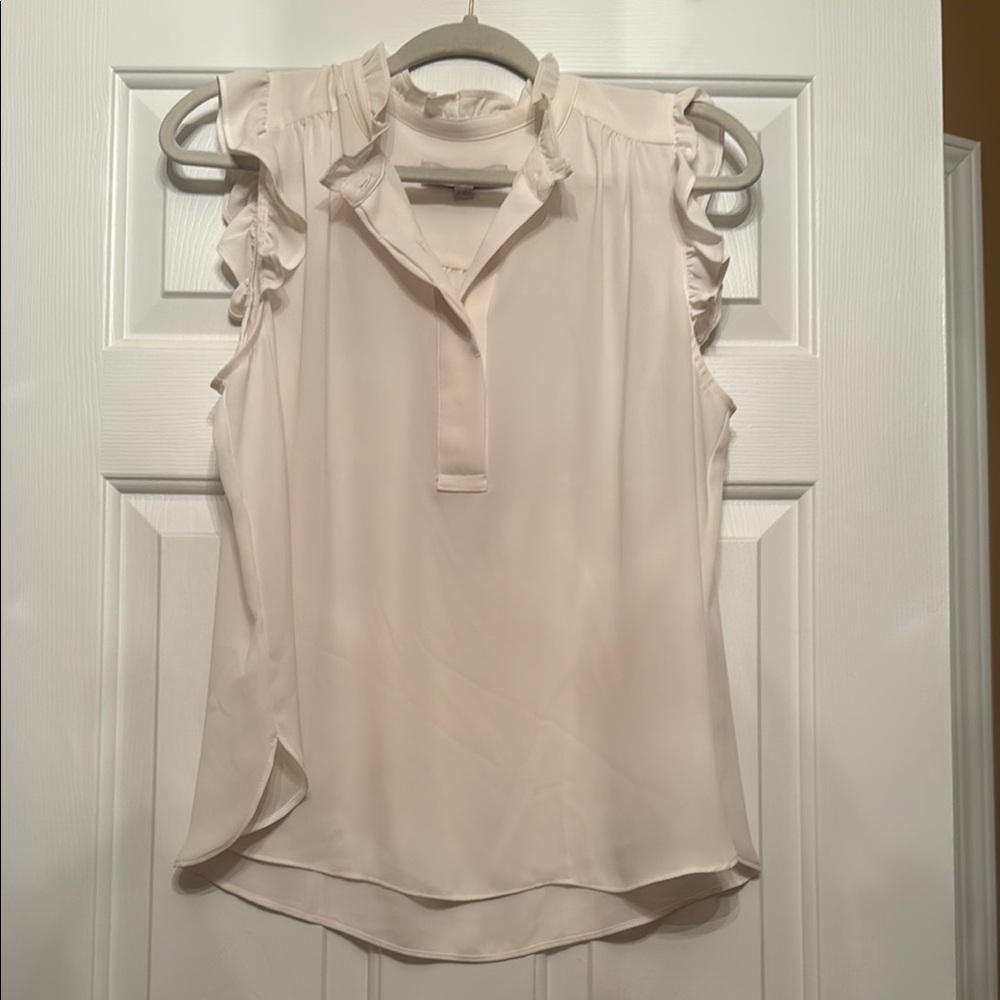LOFT Cream Sleeveless Ruffled Blouse with Mandarin Collar